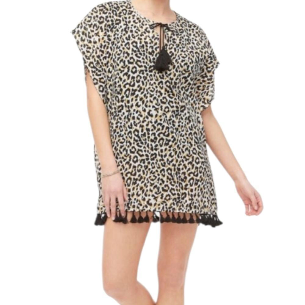 Women's J. Crew Leopard Beach Pool Cover-Up Large Tassels Sleeveless Cotton L